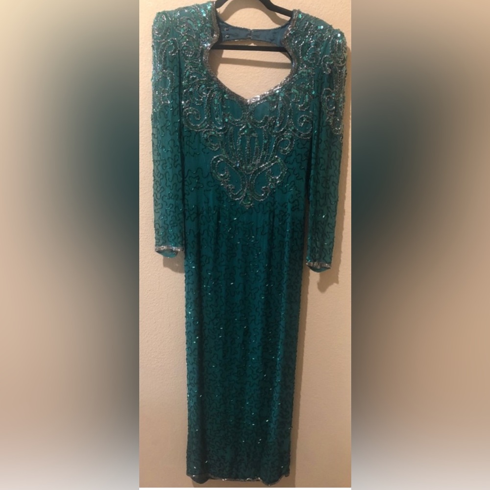 Green beaded long dress
